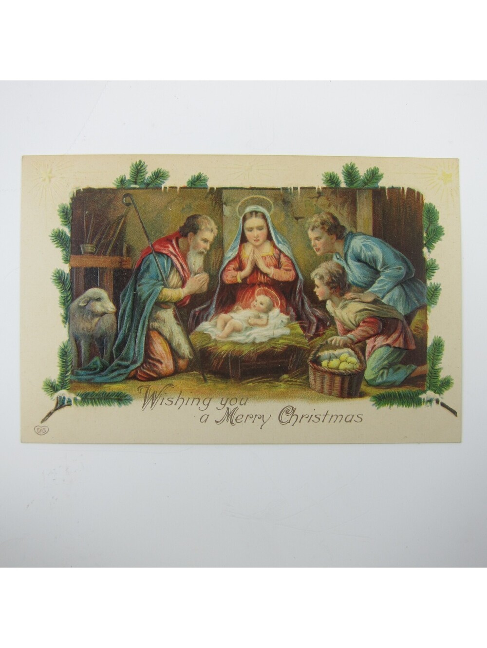 Christmas Postcard EAS Nativity Baby Jesus Mary Shepherds Lamb Embossed Antique